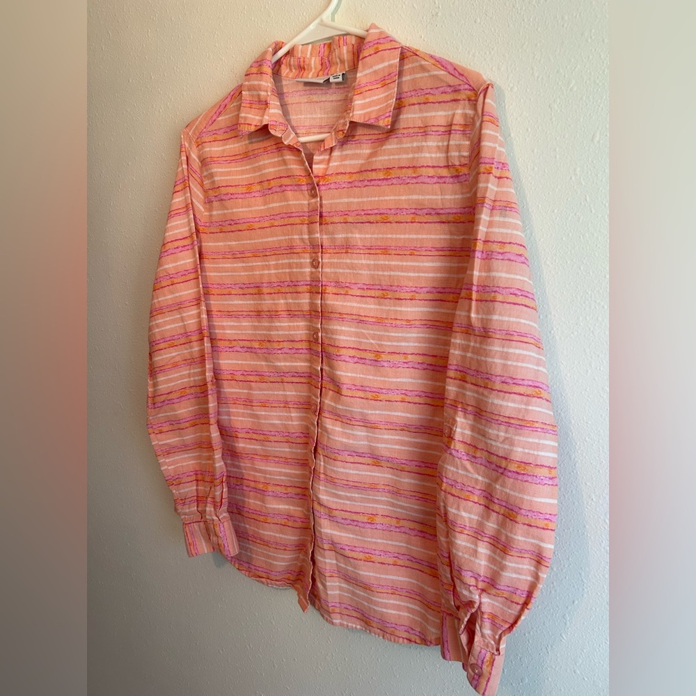 Women’s Sz S/M Coastal Linen Cotton Button Down Beach Colorful Art Teacher Boho